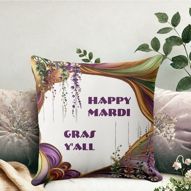 Happy Mardi Gras Y'All Paarse Groen Gouden Kleuren Kussen (Happy Mardi Gras Y'All Purple Green Gold Colors Throw Pillow)