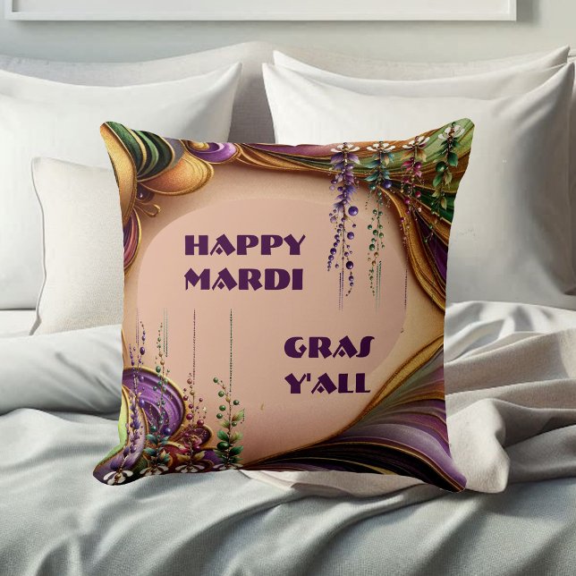 Happy Mardi Gras Y'All Paarse Groen Gouden Kleuren Kussen (Happy Mardi Gras Y'All Purple Green Gold Colors Throw Pillow)