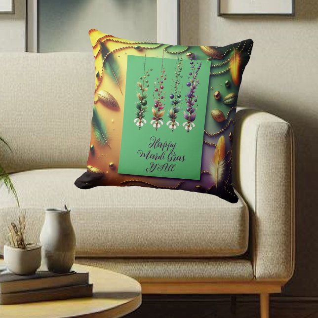 Happy Mardi Gras Y'All Quote Feather Beads Golden Kussen (Happy Mardi Gras Y'All Quote Feather Beads Golden Throw Pillow)