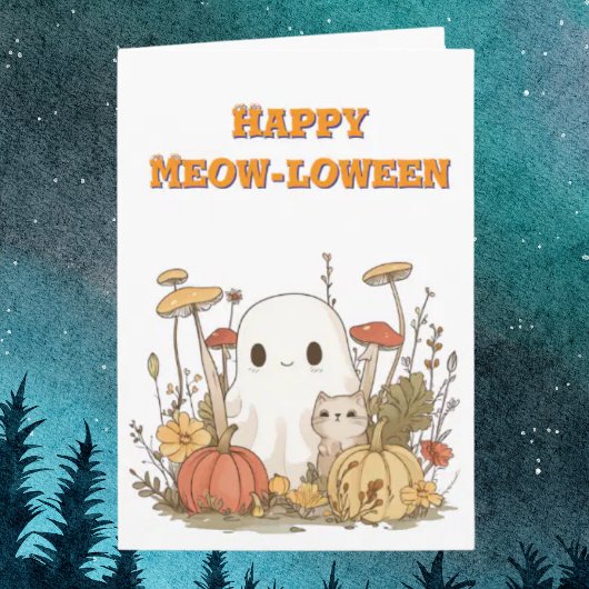 Happy Meow Loween Cat Ghost foto Halloween kaarten