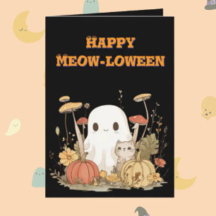 Happy Meow Loween Cat Ghost foto Halloween kaarten