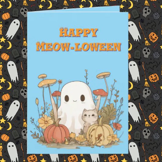 Happy Meow Loween Cat Ghost foto Halloween kaarten