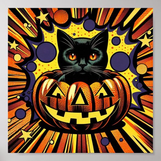 Happy Meow-loween!: Spookachtige zwarte kat in Hal Poster (Voorkant)