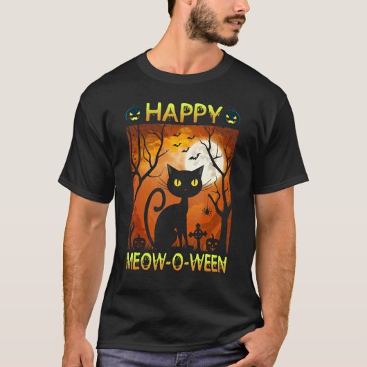 Happy Meow O N Halloween Costume Black Cat Scary H T-shirt (Voorkant)