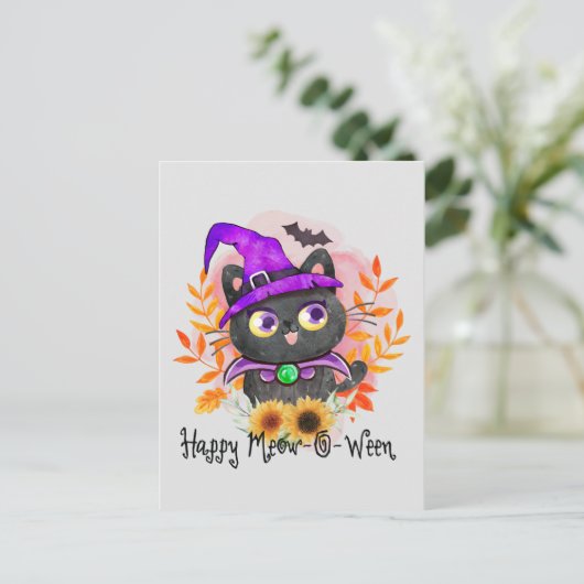 Happy Meow-o-ween -Zwarte Heks Kat Briefkaart (Staand voorkant)