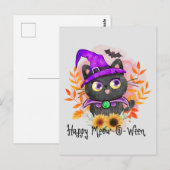 Happy Meow-o-ween -Zwarte Heks Kat Briefkaart (Voorkant / Achterkant)