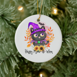 Happy Meow-o-ween -Zwarte Heks Kat Keramisch Ornament