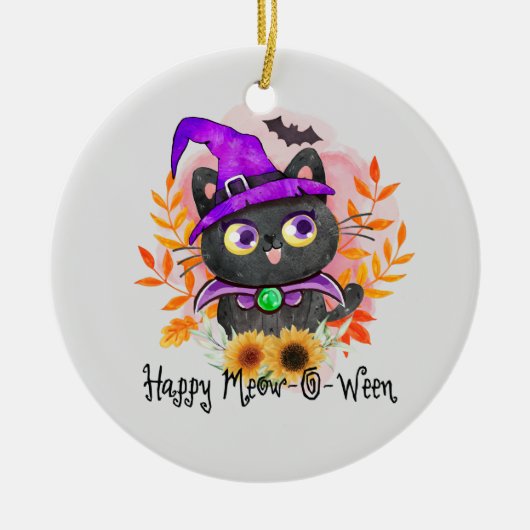 Happy Meow-o-ween -Zwarte Heks Kat Keramisch Ornament (Voorkant)