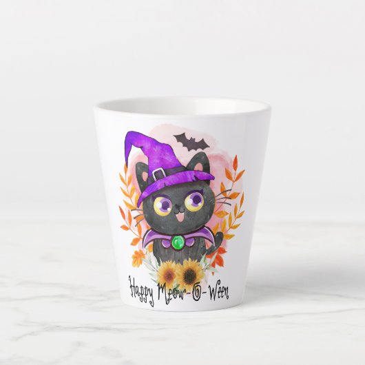 Happy Meow-o-ween -Zwarte Heks Kat Latte Mok (Voorkant)