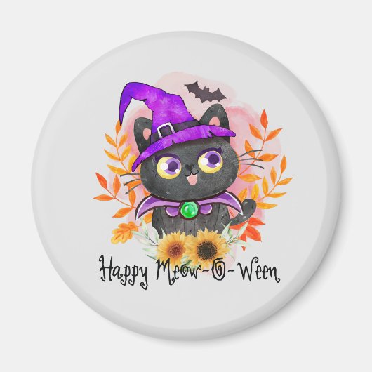 Happy Meow-o-ween -Zwarte Heks Kat Magneet (Voorkant)