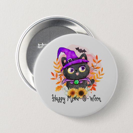 Happy Meow-o-ween -Zwarte Heks Kat Ronde Button 7,6 Cm (Voorkant /achterkant)