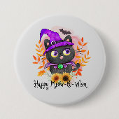 Happy Meow-o-ween -Zwarte Heks Kat Ronde Button 7,6 Cm (Voorkant)