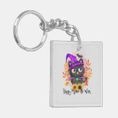 Happy Meow-o-ween -Zwarte Heks Kat Sleutelhanger (Voorkant Links)
