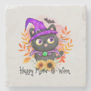 Happy Meow-o-ween -Zwarte Heks Kat Stenen Onderzetter