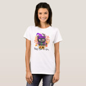 Happy Meow-o-ween -Zwarte Heks Kat T-shirt (Voorkant volledig)