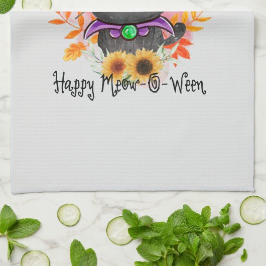 Happy Meow-o-ween -Zwarte Heks Kat Theedoek (Gevouwen)