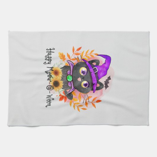Happy Meow-o-ween -Zwarte Heks Kat Theedoek (Horizontaal)