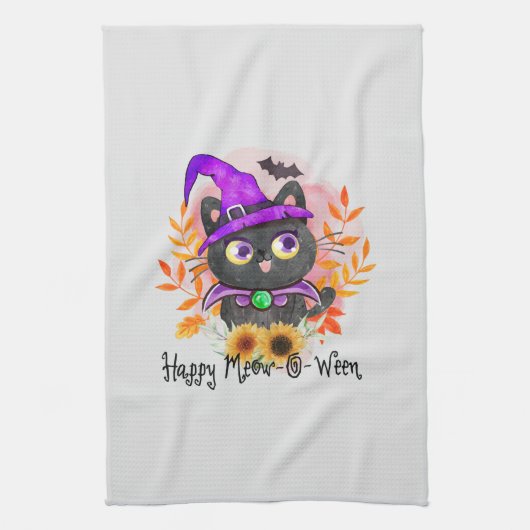 Happy Meow-o-ween -Zwarte Heks Kat Theedoek (Verticaal)