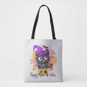 Happy Meow-o-ween -Zwarte Heks Kat Tote Bag (Voorkant)