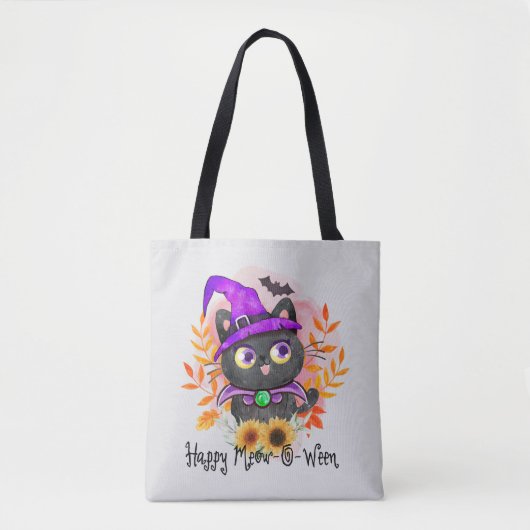 Happy Meow-o-ween -Zwarte Heks Kat Tote Bag (Voorkant)