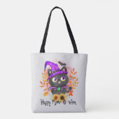 Happy Meow-o-ween -Zwarte Heks Kat Tote Bag (Achterkant)