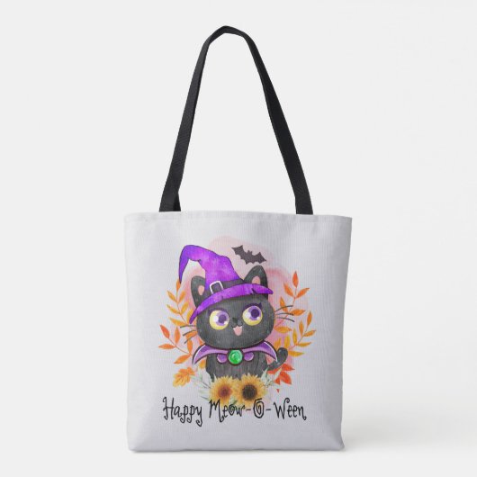 Happy Meow-o-ween -Zwarte Heks Kat Tote Bag (Achterkant)