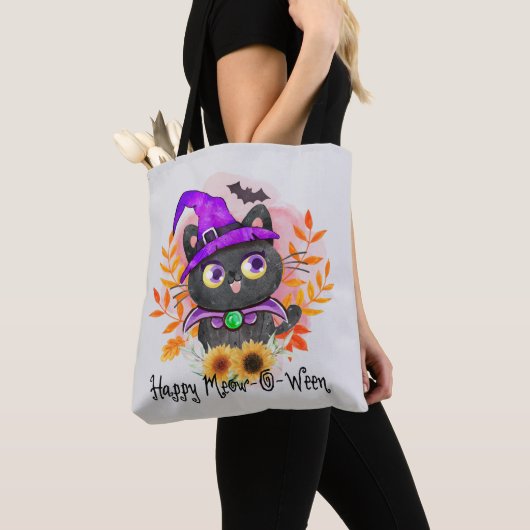 Happy Meow-o-ween -Zwarte Heks Kat Tote Bag (Dichtbij)