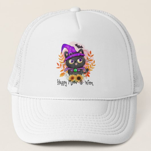 Happy Meow-o-ween -Zwarte Heks Kat Trucker Pet (Voorkant)