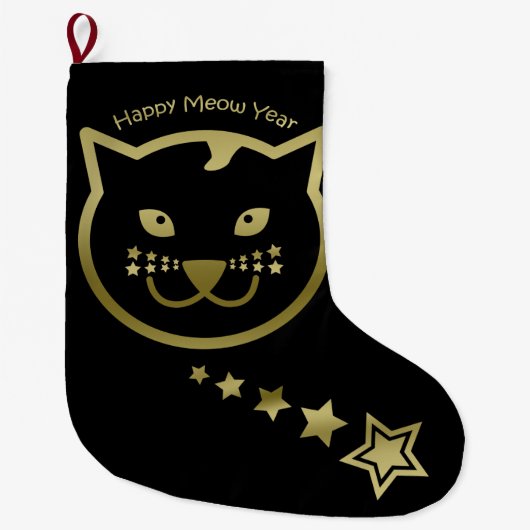 Happy Meow Year - Aangepaste achtergrondkleur Grote Kerstsok (Voorkant)