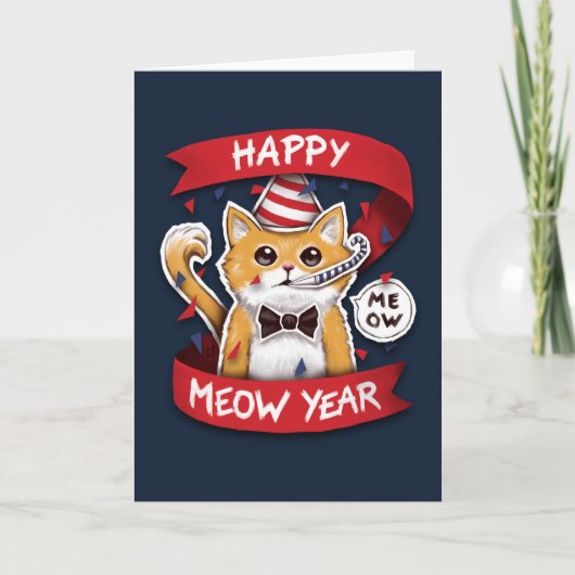 Happy Meow Year - Chat Bonne Jaar Feestdagen Kaart (Voorkant)