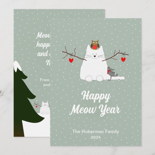 'Happy Meow Year' Kat Kerst Plat Vakantiekaart Feestdagenkaart (Voorkant / Achterkant)
