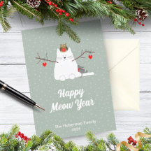 'Happy Meow Year' Kat Kerst Plat Vakantiekaart