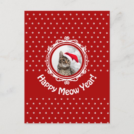 'Happy Meow Year' Rode Kat Liefhebber Kerstvakanti Briefkaart (Voorkant)