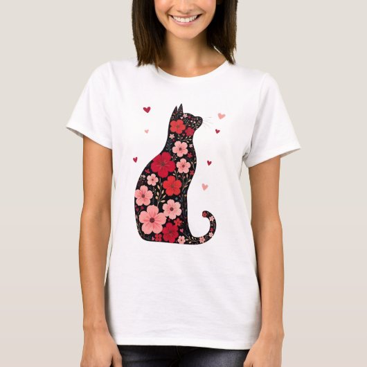 Happy Meowentine's Day Floral Cat Valentijnsdag T-shirt (Voorkant)