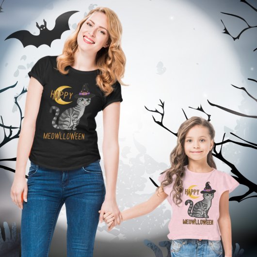 Happy Meowlloween Grappige Cartoon Kat met Maan T-shirt