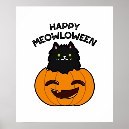 Happy Meowloween Funny Halloween Black Cat Pun Poster (Voorkant)