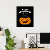 Happy Meowloween Grappige Halloween Pun Donker BG Poster (Thuiskantoor)