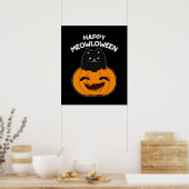 Happy Meowloween Grappige Halloween Pun Donker BG Poster (Keuken)