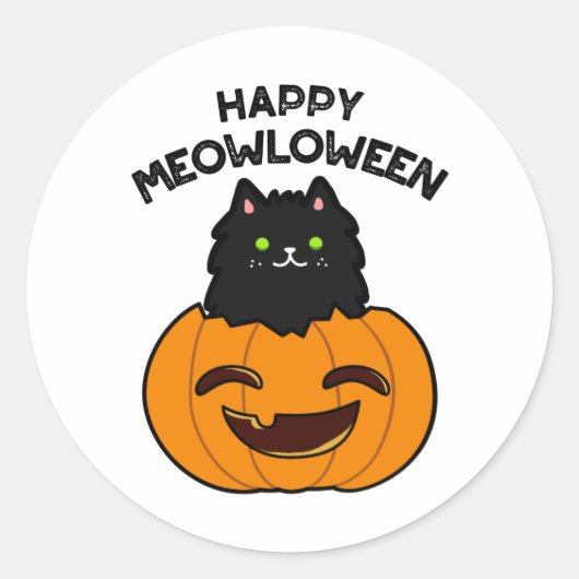 Happy Meowloween Grappige Halloween Pun Ronde Sticker (Voorkant)
