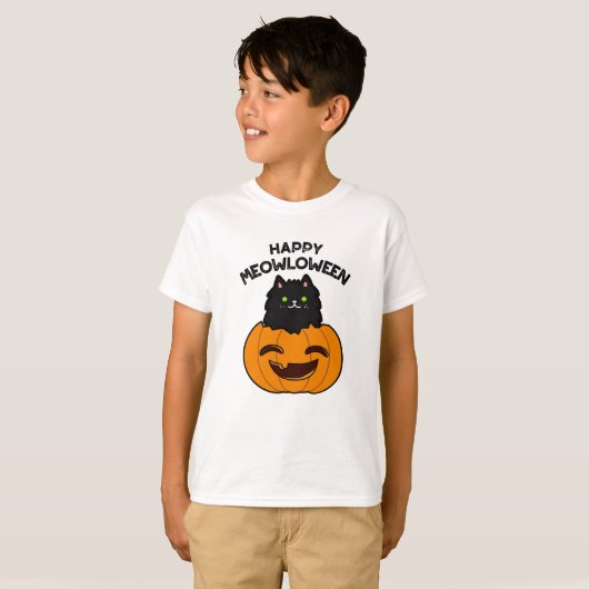 Happy Meowloween Grappige Halloween Pun T-shirt (Voorkant volledig)