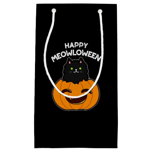 Happy Meowloween Halloween Black Cat Pun Dark BG Klein Cadeauzakje (Voorkant)