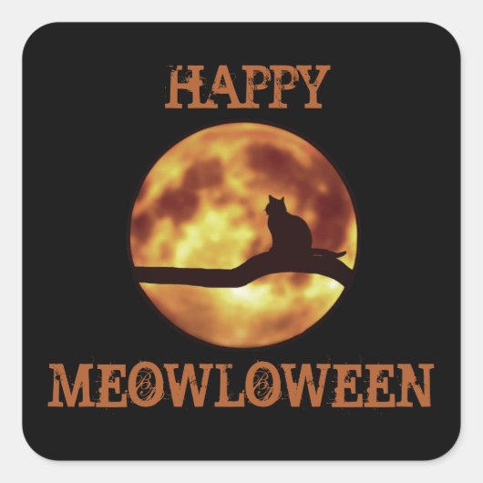 Happy MEOWloween Moon Black Cat Silhouette Pun Vierkante Sticker (Voorkant)