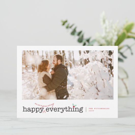 Happy Merry Alles Fun Holly Mistletoe Foto Feestdagenkaart (Staand voorkant)