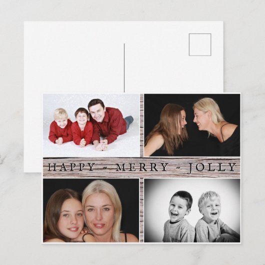 Happy Merry Jolly Rustic Family 4 Foto Collage Briefkaart (Voorkant / Achterkant)