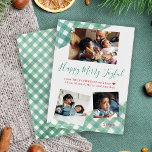 Happy Merry Joyful Christmas familie collage groen Feestdagenkaart<br><div class="desc">Rustieke stijlvolle familie fotocollage Happy Merry Joyful Kerst groene scriptkaart met uw drie aangepaste foto en volledig aanpasbare tekst met inserts van grenen groene buffel plaid patroon over een witte achtergrond.                 Eenvoudig te personaliseren met je afbeeldingen,  wensen en signatuur!</div>