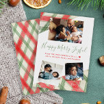 Happy Merry Joyful Christmas familie collage moder Feestdagenkaart<br><div class="desc">Moderne geometrische rustieke stijl familie fotocollage Happy Merry Joyful groene script kerstkaart met uw drie aangepaste foto's en volledig aanpasbare tekst met inserts van groene en rode waterverf plaid patroon over een witte achtergrond.                 Eenvoudig te personaliseren met je afbeeldingen,  wensen en signatuur!</div>