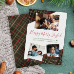 Happy Merry Joyful Christmas familie collage plaid Feestdagenkaart<br><div class="desc">Moderne rustieke familie fotocollage Happy Merry Joyful rode script kerstkaart met uw drie aangepaste foto en volledig aanpasbare tekst met inserts van jager groen en rood bordeauxrood plaid tartan patroon over een witte achtergrond.                 Eenvoudig te personaliseren met je afbeeldingen,  wensen en signatuur!</div>