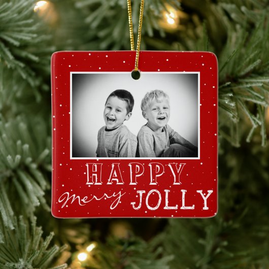Happy Merry Red White Typografie Kerstfoto Keramisch Ornament (Boom)