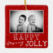 Happy Merry Red White Typografie Kerstfoto Keramisch Ornament (Voorkant)