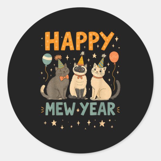 Happy Mew Year Cat Party Ronde Sticker (Voorkant)